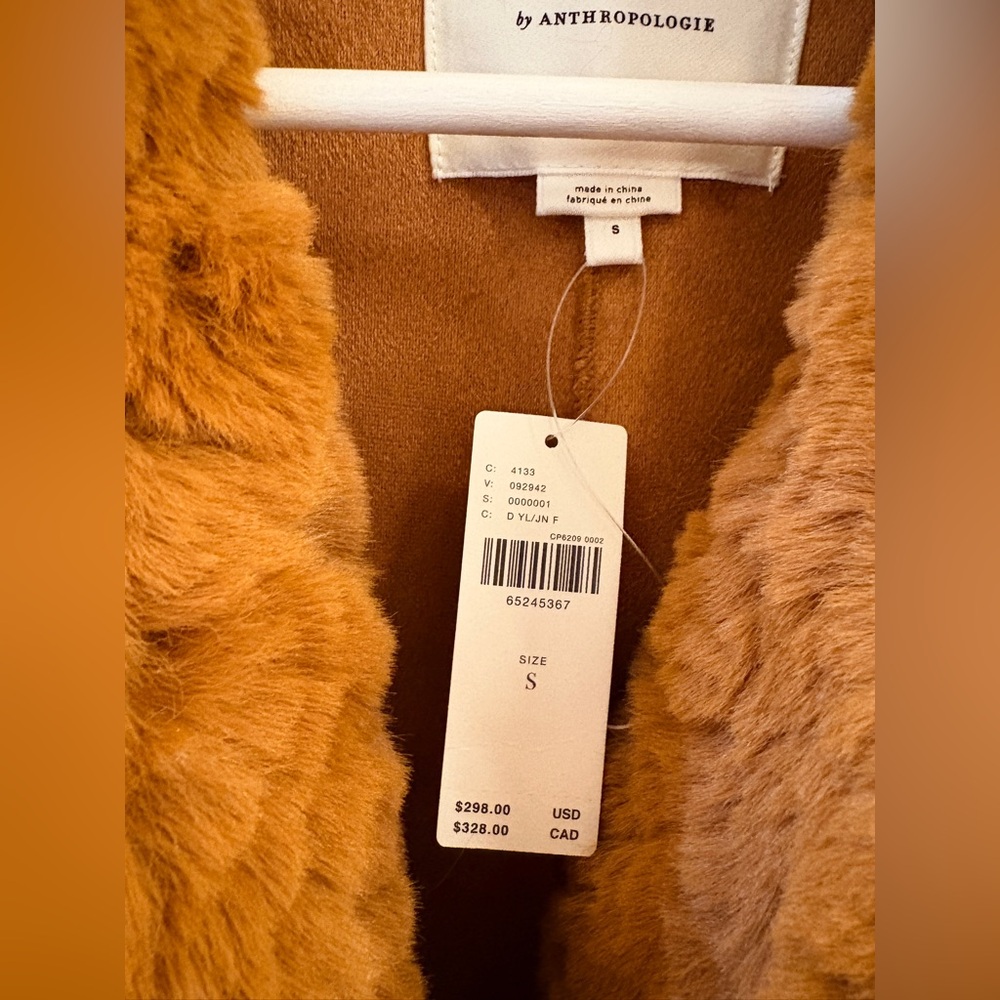 NEW Anthropologie Brown Faux Fur Long Double Breasted Preppy Button Coat S 6 - Picture 7 of 11